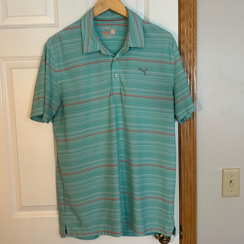 Puma Men’s Turquoise Striped Polo with Coral Accents